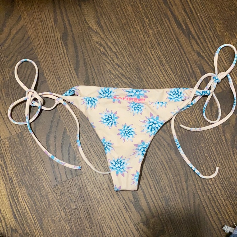 Tori praver bikini bottom blue flower pale pink very cheeky tie side bottom